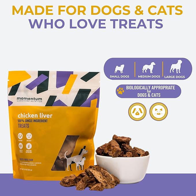 Momentum Carnivore Nutrition Freeze-Dried Chicken Liver Dog Treats & Cat Treats – Single-Ingredient, High-Protein, Grain-Free, Naturally Flavorful – Made in USA – 3.5 oz Bag