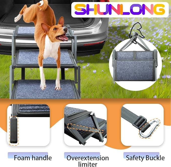 Extra Wide Dog Ramp for Car Truck and SUV Dog Stairs for Large Dogs Folding Pet Stairs with Non-Slip Rug Surface Supports Up to 280 lbs (Wide 6 Steps)