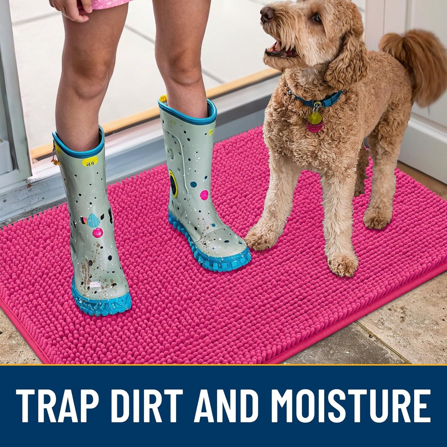 Smiry Dog Door Mat for Muddy Paws 30x20, Absorbs Moisture and Dirt Doormat, Non-Slip Washable Quick Dry Chenille Front Door Mat Indoor Entrance, Entryway Carpet for Inside Floor, Hot Pink