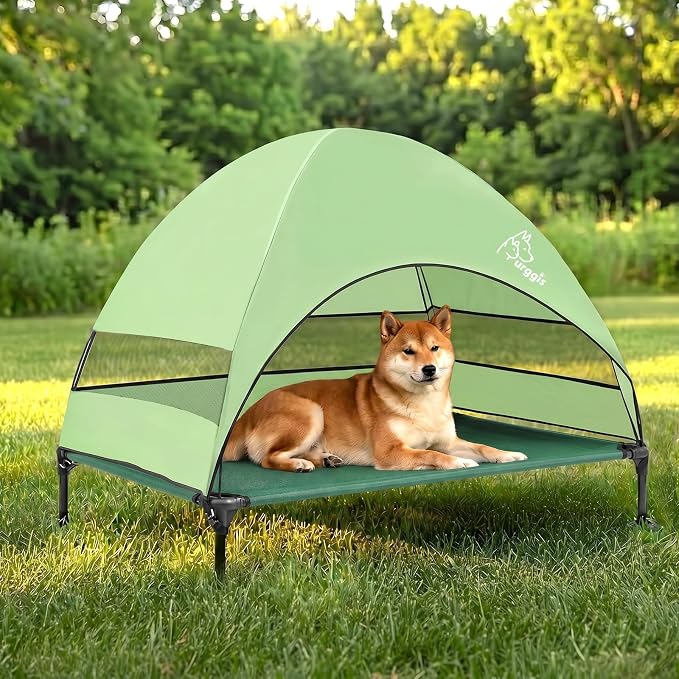 Outdoor Elevated Dog Bed with Canopy Portable Camping Dog Cot with Shade | Outside Raised Dog Tent Foldable Cooling Dog Bed with Canopy Shade for Small & Medium Dogs Off Ground Outdoor Indoor Use