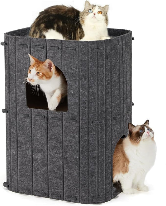 FUKUMARU Cat House for Indoor Cats, Warm Felt Cat Bed, Scratch Resistant | Large Cat Bed Cave, 3-in-1 Cat Condo, Cozy Felt Covered Cats Tunnel, 23.62 Inch Kitten Hideaway for Multicats, Dark Grey