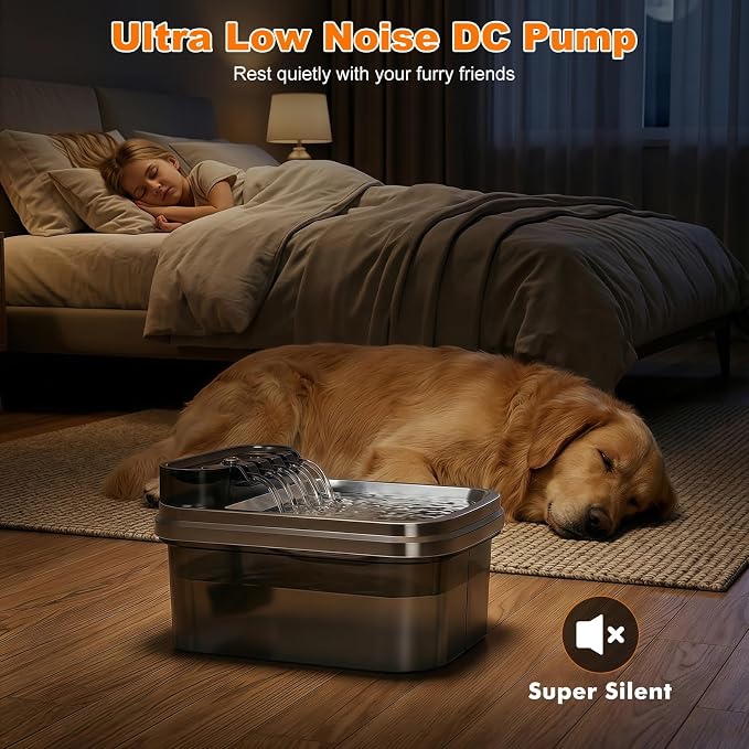 RPZ Dog Water Fountain, 9L Large Capacity Elevated Dog Water Bowl with Filter, 4-Level Adjustable Stainless Steel Water Dispenser for Large Dogs, Quiet Indoor Pet Fountain, No Spill Design