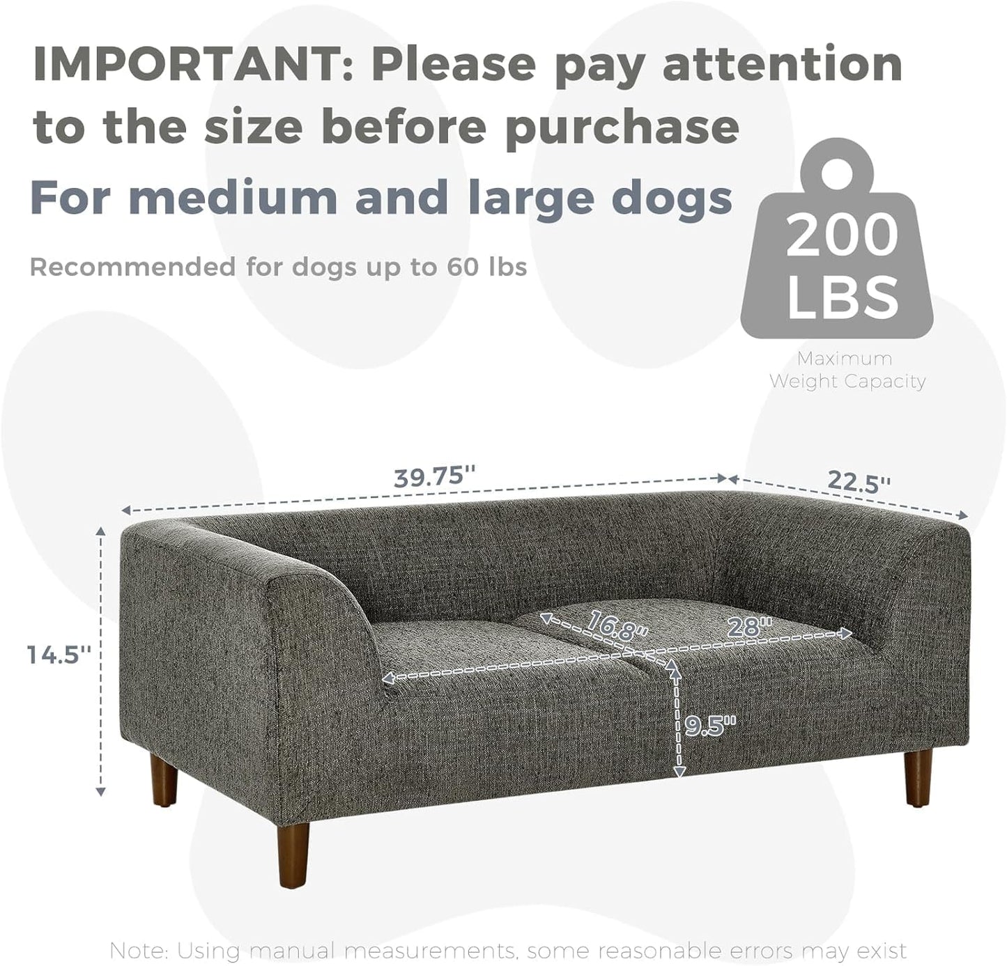 Dog Sofa Couch for Medium to Large Dogs, Memory Foam Dog Sofa Bed, Modern Elevated Pet Couch Bed with Wooden Legs for Medium and Large Dogs, Dark Grey