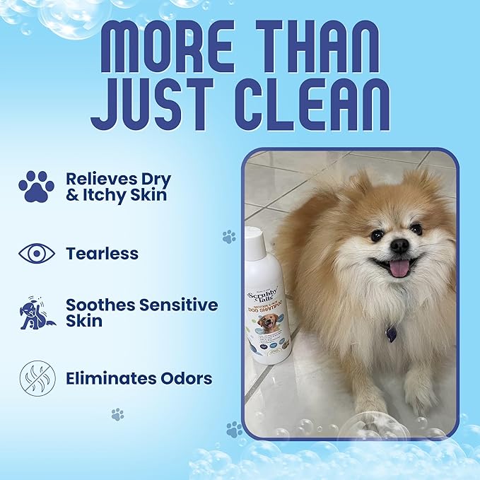 Scrubby Tails Organic Dog Shampoo - Puppy Oatmeal Shampoo for Itchy Skin Relief - Hypoallergenic for Sensitive Skin,for Dogs of All Ages,Deodorizes Smelly Dogs,Tearless,Made in USA, 16oz (Unscented)