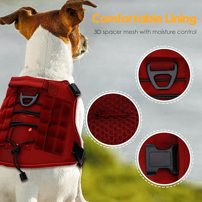 Heavy-Duty Tactical Dog Harness for Large Dogs, No Pull Adjustable Reflective Pet Vest with Molle System, K9 Military-Grade Control for Service Training, Outdoor & 10+ Breeds, Red, X-Large