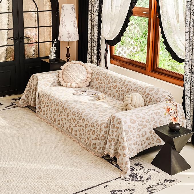 VClife Bohemian Leopard Couch Cover Furniture Protector, Washable Non Slip Sofa Cover for L Shape, Anti-Pilling Couch Covers for 3-4 Cushion Couch Sofa Dog Cat Sofa Throw Cover, Khaki, 71''x150''