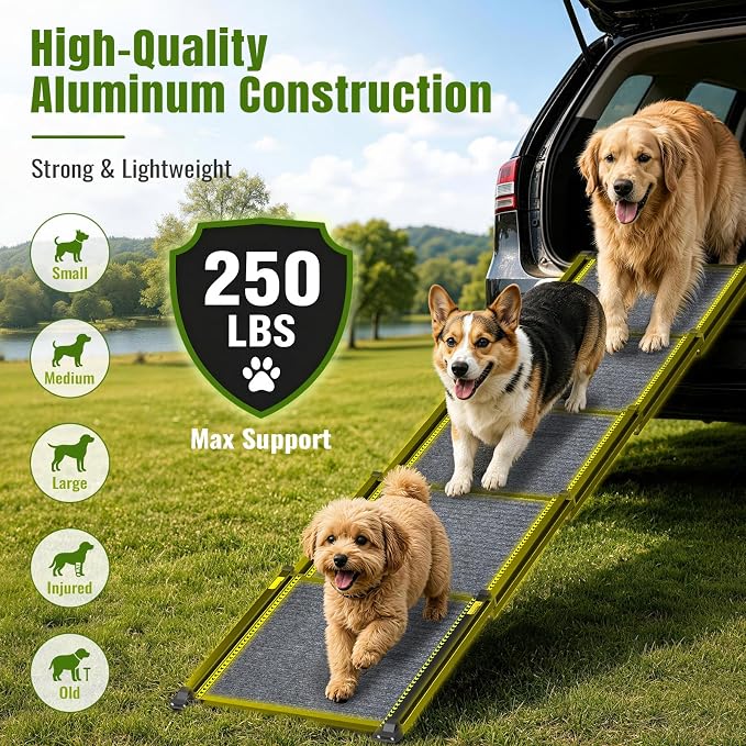 Dog Ramp for Car 73" Extra Long, Telescoping & Aluminum Dog Steps | 73" L x 17" W, Portable, Folding, for Large/Medium/Small Dogs, Aluminum Frame & Lightweight, Non-Slip Surface, Up to 250LBS