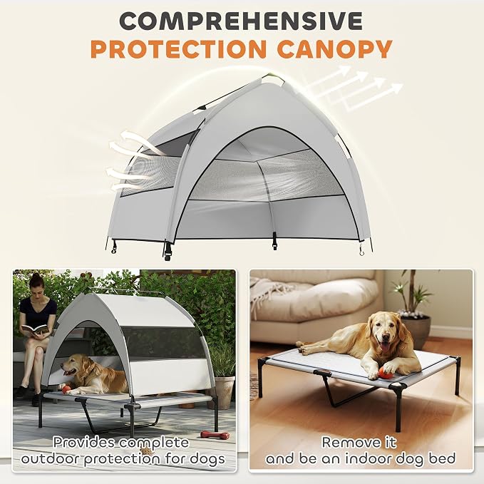 PawHut Elevated Dog Bed with Cooling Pad, 36" x 29.5" x 35", Light Gray | Raised Outdoor Pet Bed, Removable Canopy, Breathable Mesh, Storage Bag, Portable Pet Cot, for Indoor Outdoor Large Dogs