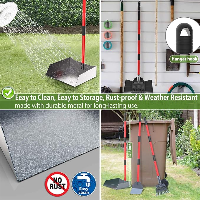 Heavy Duty Metal Pooper Scooper for Large Dogs,Long Handle Dog Pooper Scooper with Large 9.5'' Tray & Rake,Rustproof Aluminum Pet Waste Scooper for Grass,Gravel & Yard