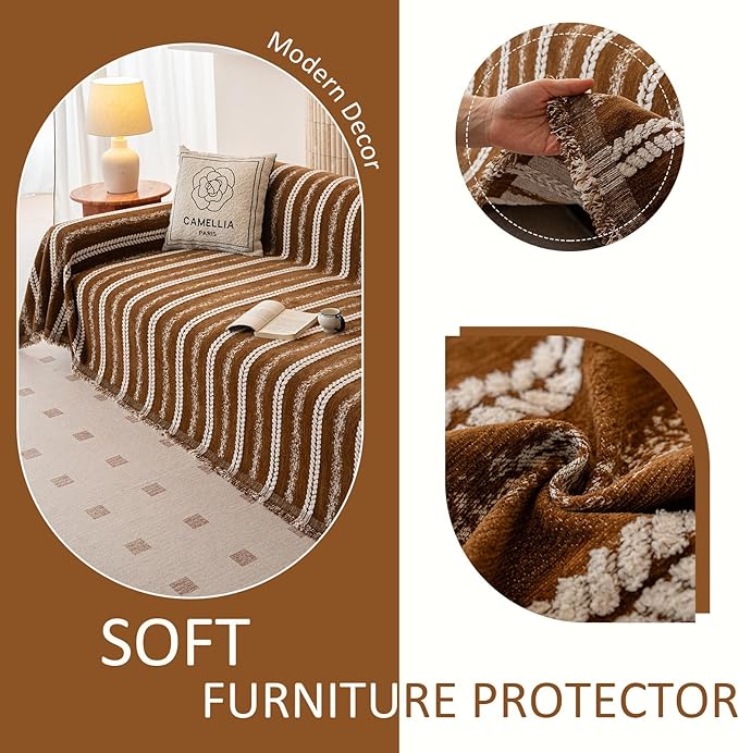 VClife Sofa Cover Bohemian Striped Pattern Couch Cover for 3 Cushion Sofa - Caramel Brown Creamy White Textured Sofa Slipcover Washable Furniture Protector for Couch Decorative Couch Cushion Cover