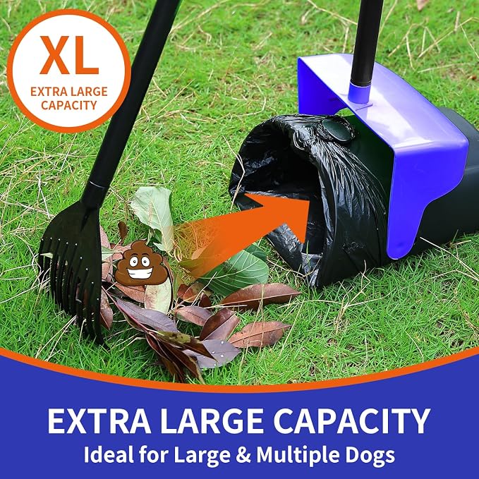 Pooper Scooper Large Swivel Bin & Rake with 160 Waste Bags,Heavy Duty Dog Pooper Scooper with Bag Attachment for Large Small Dogs, Long Handle Poop Scooper with Lid for Yard, Grass, Gravel (Blue)