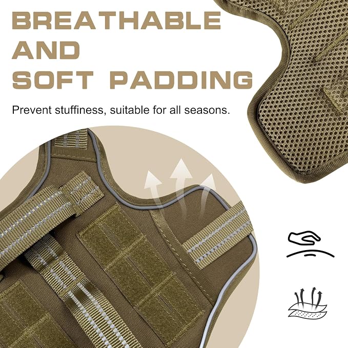 Dog Harness Medium Sized Dog, No Pull Dog Vest with Molle System | Tactical, Easy Control With Handle, Breathable Soft Padded, Adjustable, Reflective, No Choke for Walking, Khaki Medium