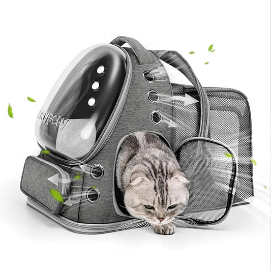 Cawypety Expandable Cat Backpack,Cat Bubble Backpack Carrier for Carrying Cats, Pets and Small Dogs,Airline-Approved,Designed for Travel, Hiking, Walking,Car （Grey