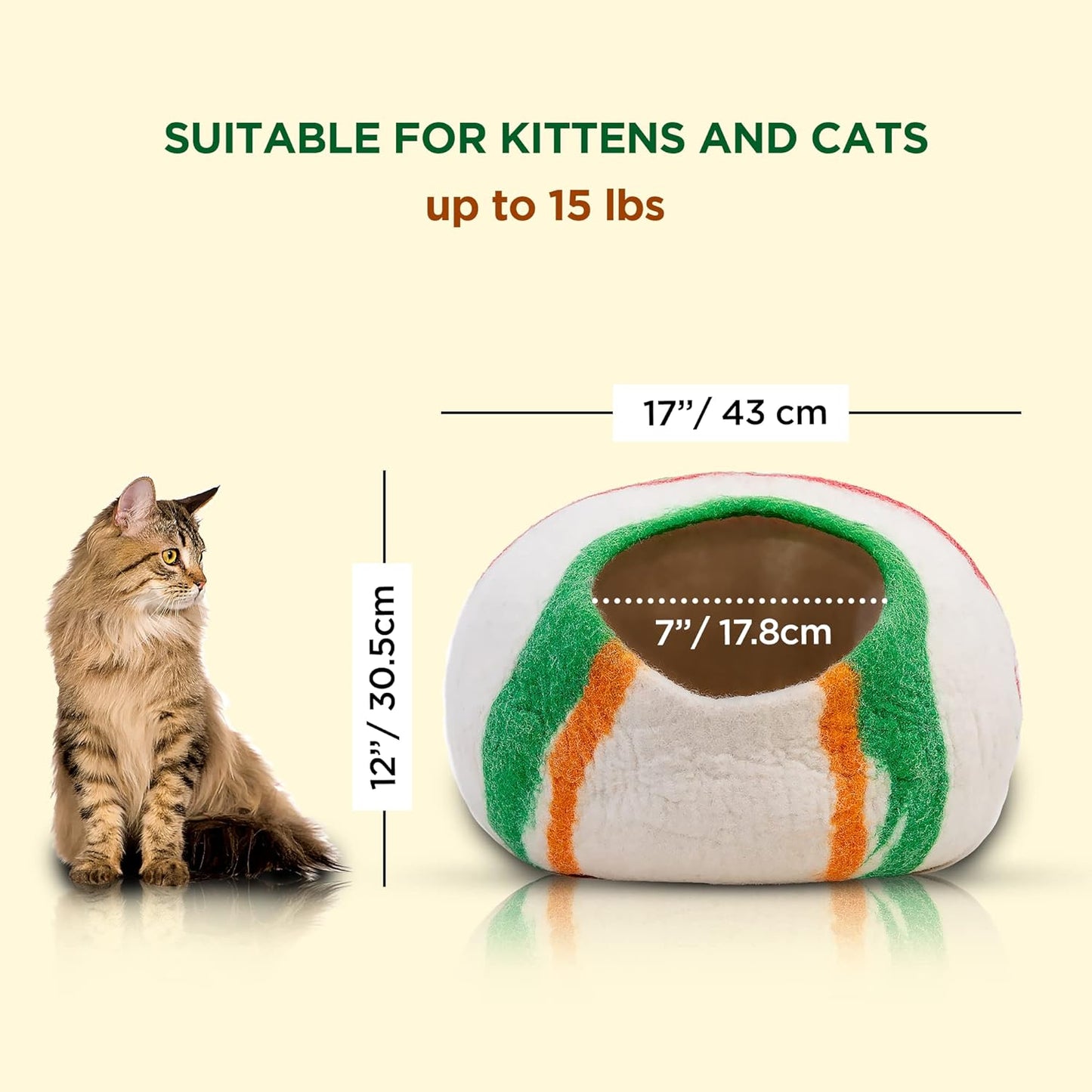 Woolygon Premium Felt Cat Cave Bed – Wool Kitty Beds Handcrafted Kitten Caves Bed for Indoor Cats - Made from 100% Eco-Friendly Merino Wool, Foldable Cat Hidewawy Covered Cat House Pod (Candy Swirl)