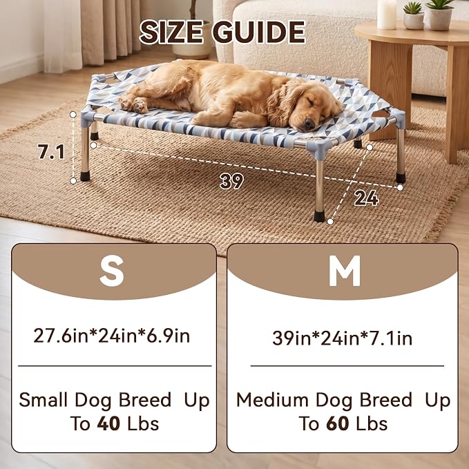 Elevated Dog Bed, Raised Cooling Dog Bed, Outdoor Dogs Cot Medium, Pet Cot | Hexagon Outdoor Dog Bed with Metal Frame for Up to 60 lbs, Portable Dog Hammock for Patio Camping, Breathable, Off the Ground