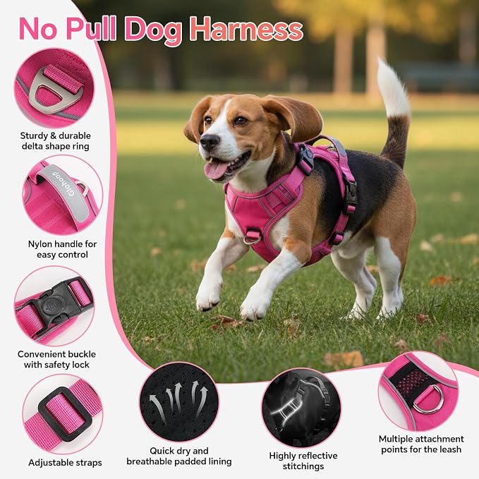 Heavy Duty Tactical Dog Harness for Medium Dogs, No Pull Dog Harness with Handle & Front Clip, Reflective Soft Padded, Hook and Loop Panel, Dog Vest for Walking, Service Training, Hotpink