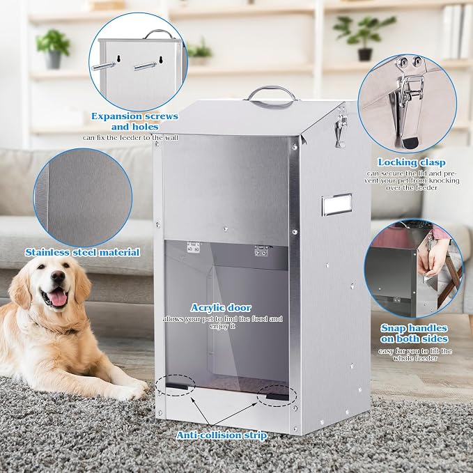 Automatic Dog Feeder Large Breed Stainless Steel Feeder Dispenser | 25LBS Outdoor Dog Feeders for Large Dogs, Automatic Dog Food Dispenser for Large Dogs and Cats