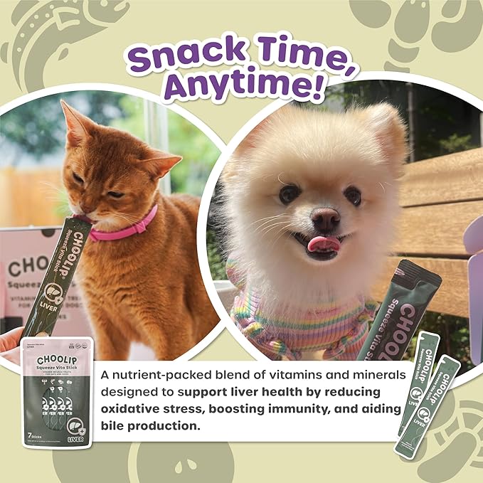 Choolip Squeeze Vita Stick Lickable Cat & Dog Treats – 14 Sticks (2×7 Value Bundle) Liver Support, Creamy Grain-Free Puree with Milk Thistle, Vitamin E & CoQ10 for Detox & Liver Cell Protection
