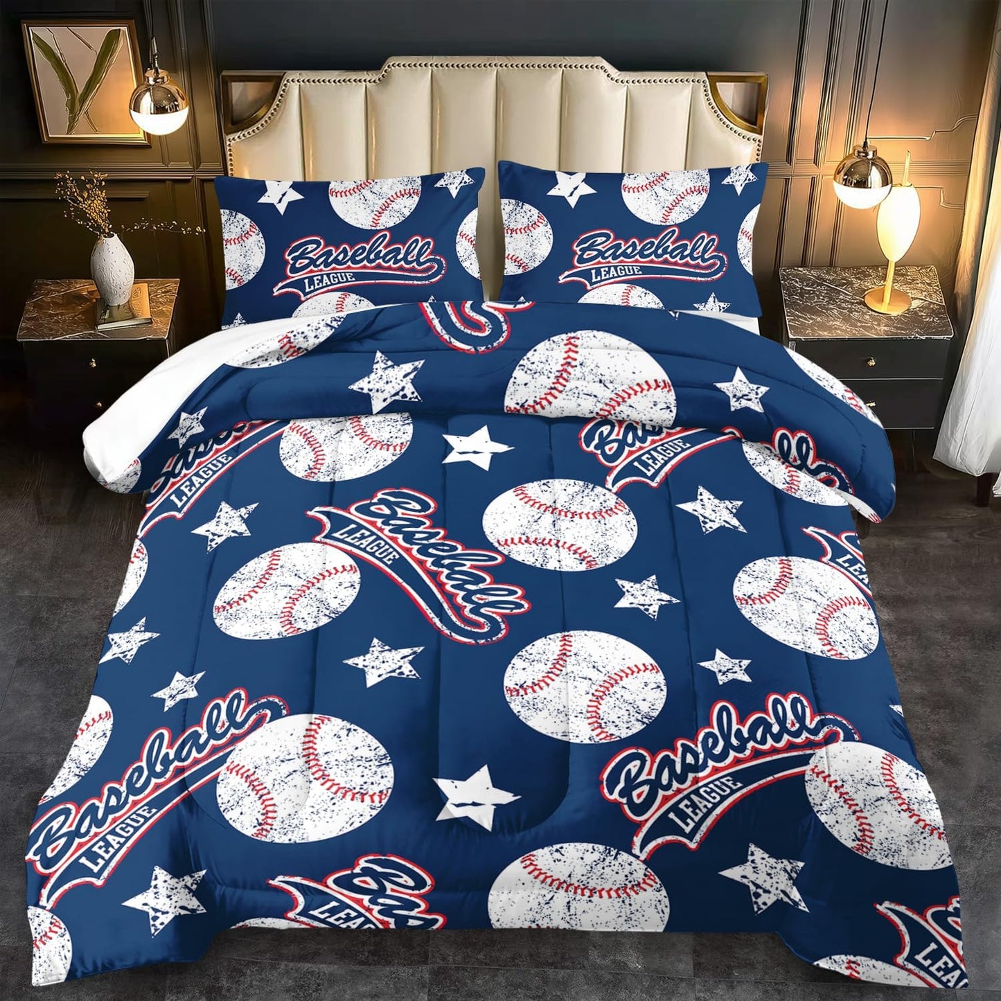 Baseball Comforter Set Full,Sports Bedding Sets for Boys,Blue Sports Comforter Full Bedroom Decor,Baseball Bedding Teen for All Seasons,Blue Quilt Kids Bedroom Decor