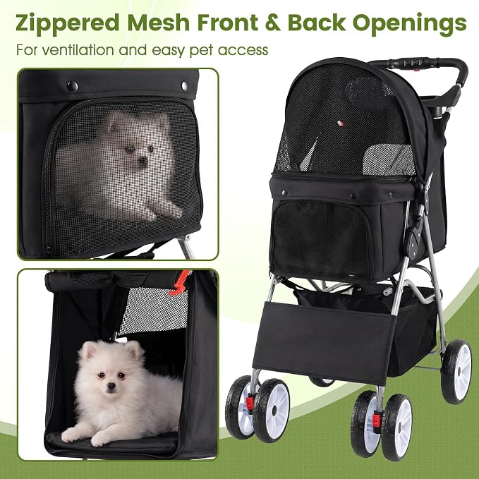PETSITE 4 Wheels Pet Stroller, Foldable Dog Strollers for Small Dogs with Breathable Mesh, Waterproof Cover, Storage Basket, and Cup Holders, Ideal for Dogs Cats up to 33 lbs (Black)