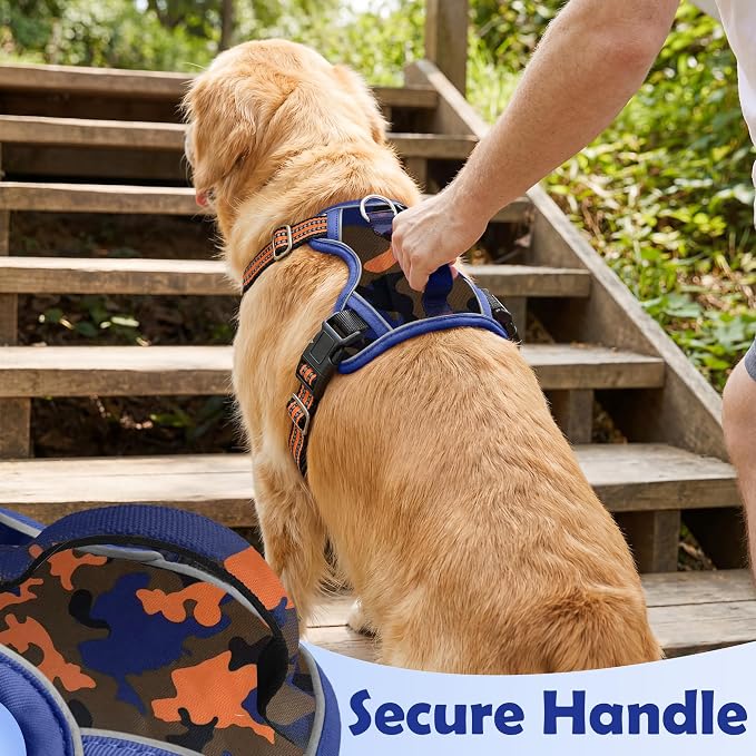 Dog Harness No Pull, Adjustable Pet Vest Harness, Super Soft Material with Vertical Handle Easy Control, Reflective Night Walking, 2 Leash Clips for Medium Sized Dogs, Camo Orange, M