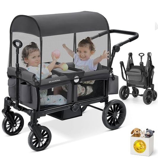 ELEMARA Foldable Wagon Stroller, Stroller Wagon for 2 Kids, Premium All Terrain Wagon for Kids with Removable Canopy, Adjustable Push/Pull Handle, Harnesses, Large Storage Bag, Grey