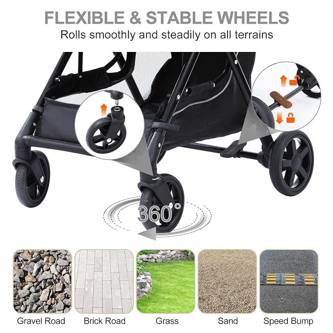No-Zip Pet Stroller for Small Dogs & Cats, 44 lb, Gray | No-Zip Canopy, 44 lb Capacity, Reflective Trim, 2 Tethers, Lockable Front Wheels, Rear Brake and One-Hand Fold