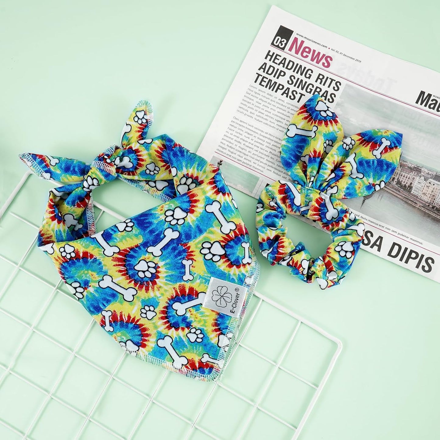 E-Clover Rainbow Dog Bandanas & Matching Scrunchie Set Girl Cute Pride Dog Scarf Bibs Pet Bandana with Bow Tie for Small Dogs Puppy Owner Mom Spring