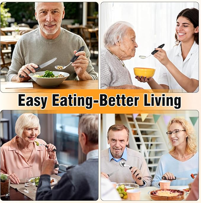 45°Angled Adaptive Utensils for Elderly, 2.9 oz Weighted Silverware for Hand Tremors, 4 Pack Built Up Utensils for Adults,Weak Hand Grip & Arthritis (Left-Handed)