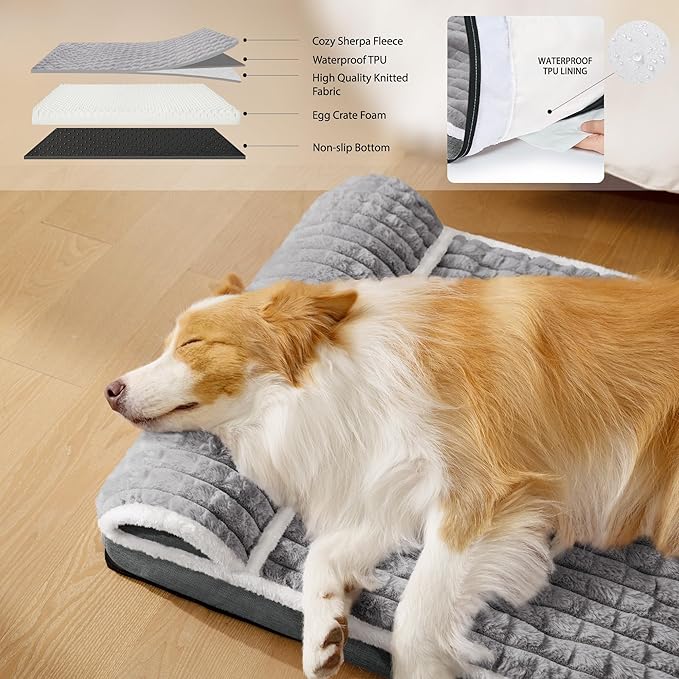Orthopedic Medium Dog Bed Pillow Pet Sofa Bed 30''X20'' Grey | Egg-Crate Foam Pet Couch Medium Size Dog, Waterproof Removable Washable Cover,Furry Puppy Crate Mat With Nonskid Bottom