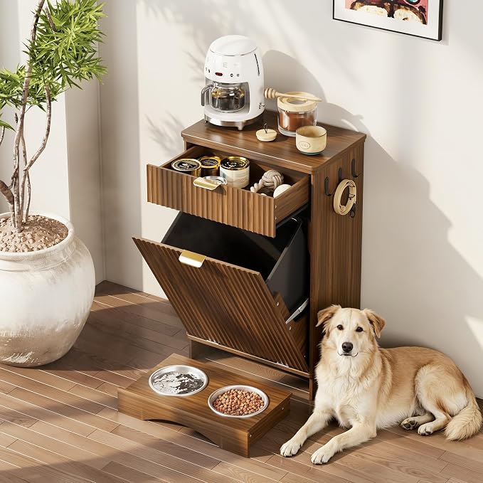 Tilt Out Trash Can Cabinet with Dog Bowl, 10 Gallons Dog Feeding Station with Storage Cabinet, Pet Feeder Cabinet with Hideaway Drawer for Kitchen, Living Room (Tilt-Out Dog Feeding Station-Walnut)