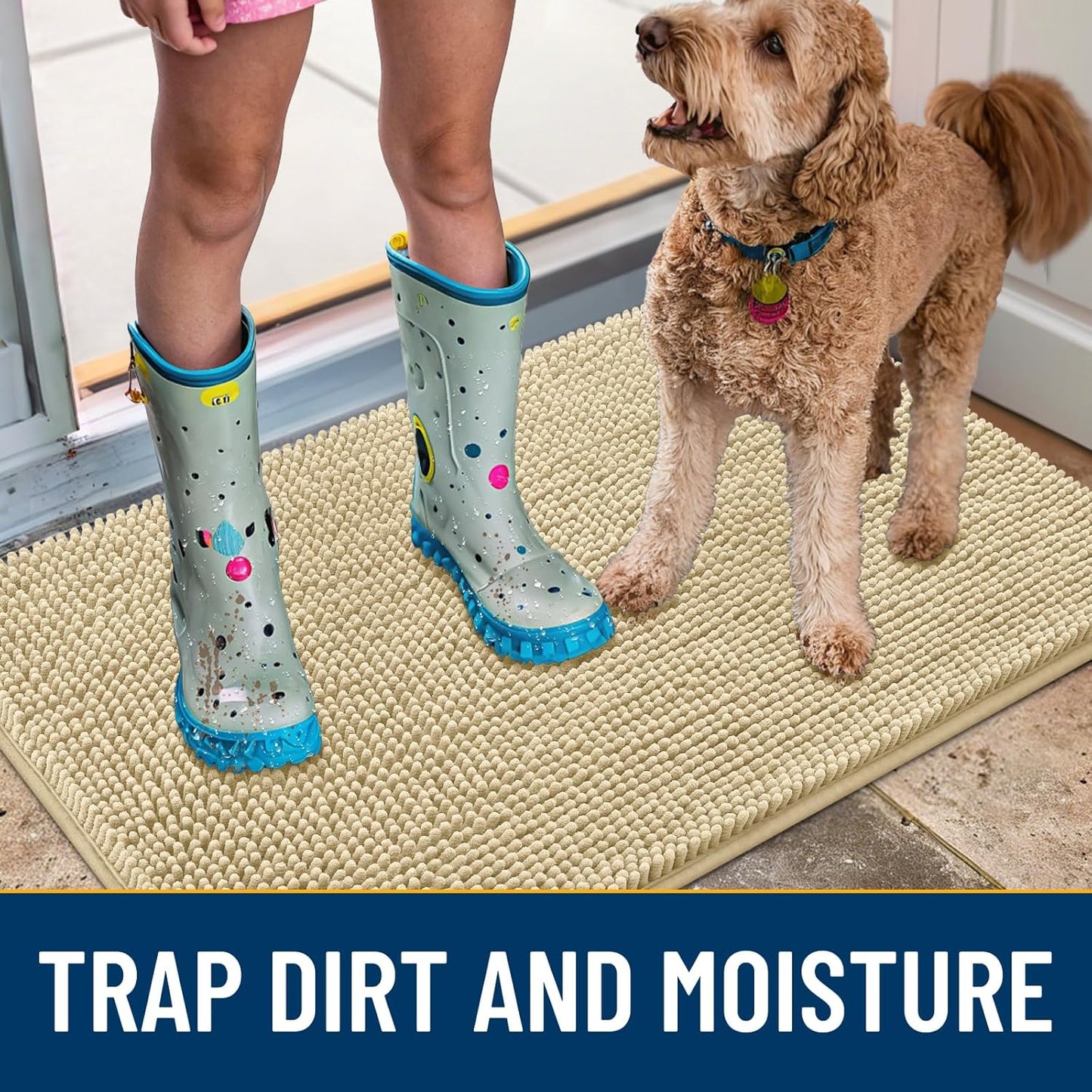 Smiry Dog Door Mat for Muddy Paws 30x20, Absorbs Moisture and Dirt Doormat, Non-Slip Washable Quick Dry Chenille Front Door Mat Indoor Entrance, Entryway Carpet for Inside Floor, Cream White