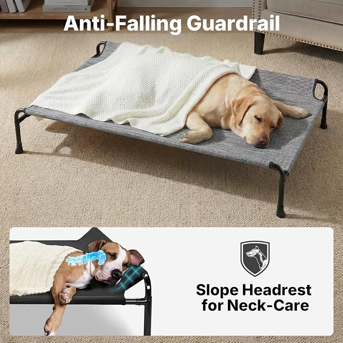 Veehoo Outdoor Dog Bed, Raised Dog Bed for Large Dogs, Elevated Dog Bed with Headrest, Washable Cooling Pet Cot, Breathable Dog Hammock for Camping & Indoor, Non-Skid, 41", Black Silver