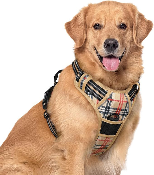 rabbitgoo Dog Harness, No Pull for Large Dogs with 2 Leash Clips, Pet Vest | No Choke with Handle, Adjustable Soft Padded, Reflective, Easy Control for Walking, Beige Plaid, X-Large