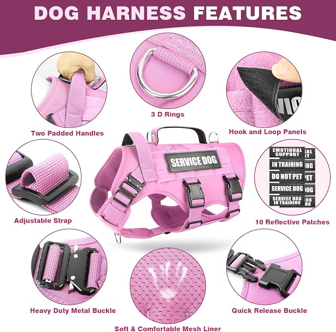 Service Dog Vest Harness for Medium Dog, Tactical Working MOLLE Vest with 10 Pet Patches, No Pull Heavy Duty Harness for Training Walking