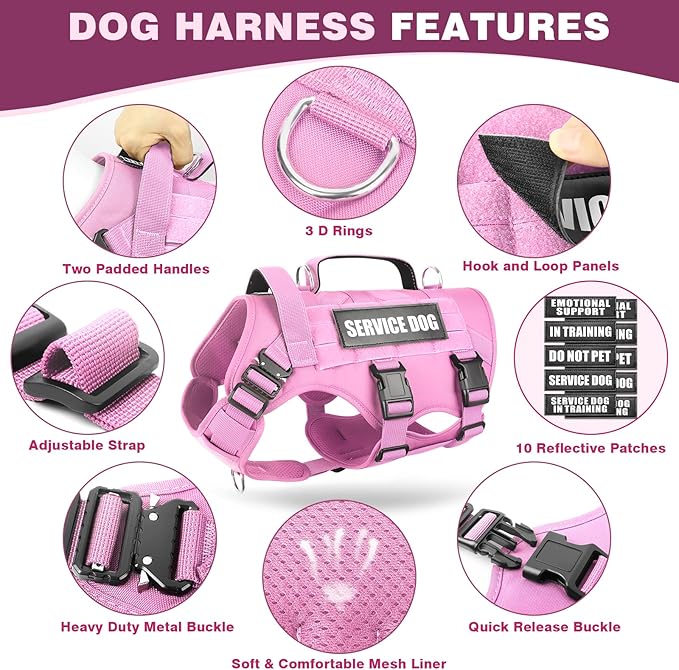 Tactical Dog Harness with Dog Leash, Service Working MOLLE Vest with 10 Pet Patches for Dog, No Pull Military Harness and Backpack for Training Hunting Walking