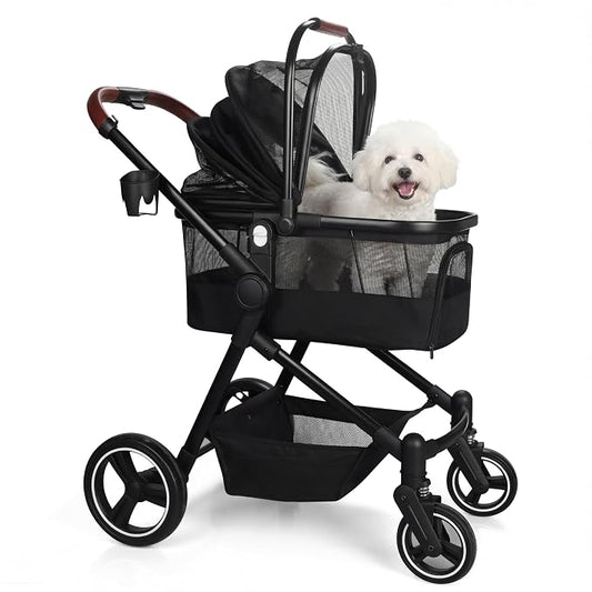 3-in-1 Foldable Pet Stroller for Dogs/Cats, 33lbs | All-terrain 7"/10" wheels | Compact storage | Storage basket | Breathable linen | Cup holder & rear brakes