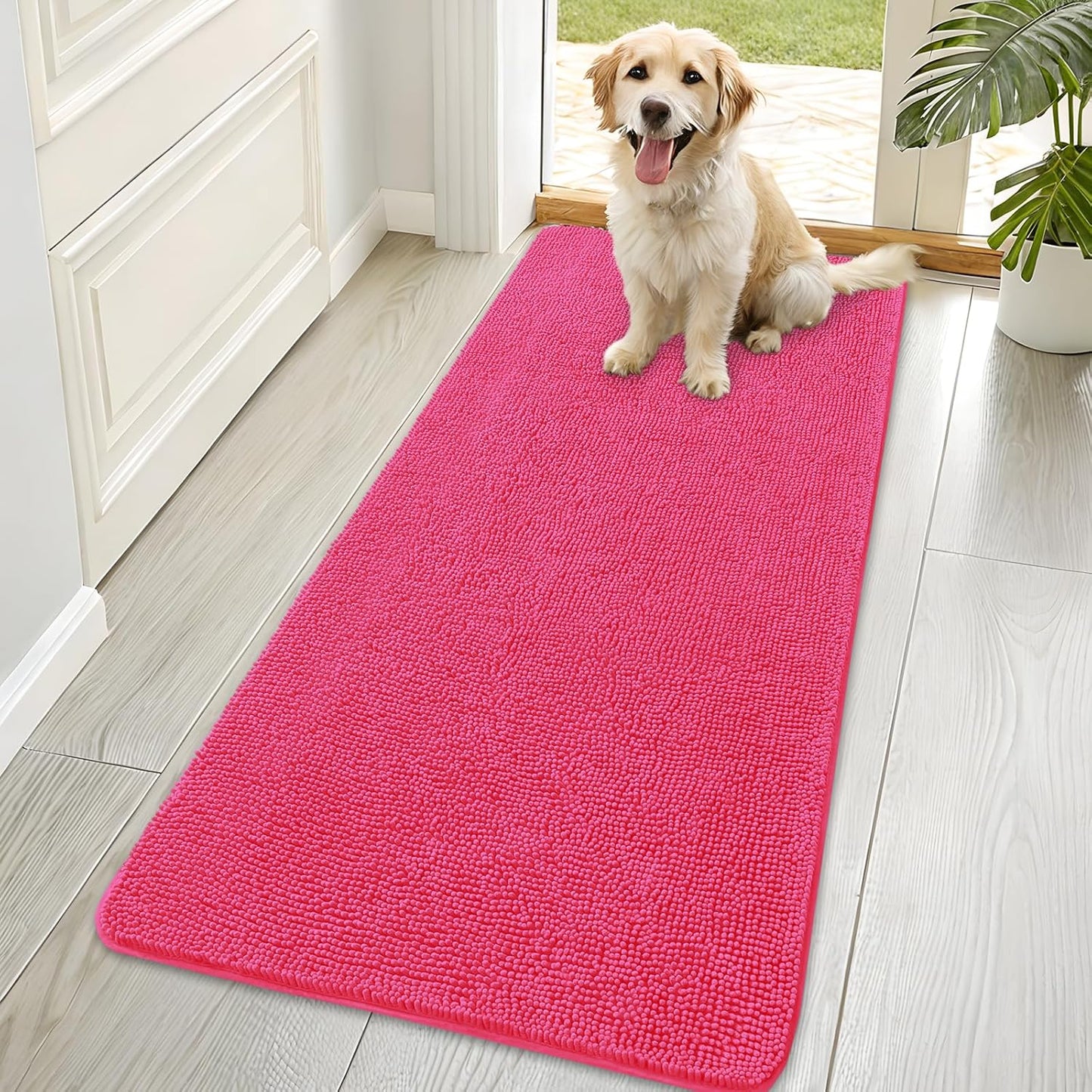 OLANLY Dog Door Mat for Muddy Paws 70x35, Absorbs Moisture and Dirt, Absorbent Non-Slip Washable Doormat, Quick Dry Chenille Mud Mat for Dogs, Entry Indoor Entryway Carpet for Inside Floor, Hot Pink