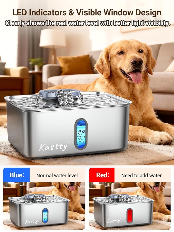 Kastty Dog Water Fountain for Large Dogs: 15L Stainless Steel Dog Water Bowl Dispenser -Super Quiet Pet Water Fountain with Visual Water Level-Great for Large Dogs Cats and Multi-Pet Home FS78(Grey)