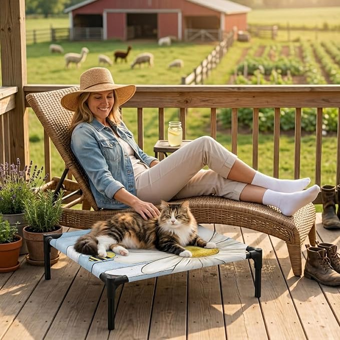 Outdoor Elevated Dog Bed for Small Dogs, White Daisy Rustic Breathable Cooling Raised Dog Cot for Indoor/Outdoor, Pastoral Flowers Honeybees Blue Wood Waterproof Elevated Pet Beds, S 20 x 20 in