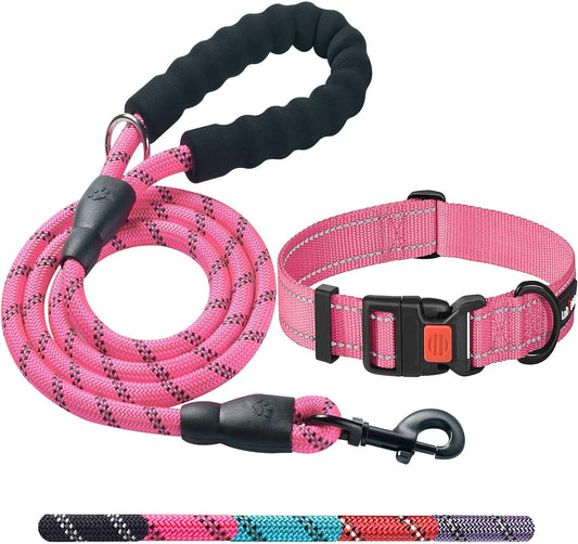 Heavy Duty Dog Leash - Comfortable Padded Handle, 5 ft Long - Dog Leashes for Small Medium Large Dogs (Leash+Collar M Neck 16"-20", Pink)