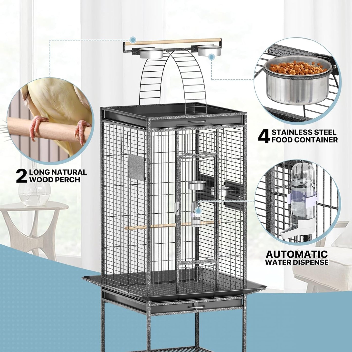 MoNiBloom 61 Inch Large Bird Cage with Rolling Stand, Wrought Steel Flight Birdcage w/Play Top for Parakeets Cockatiels Lovebird Budgie, Black