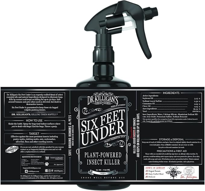 Dr. Killigan's Six Feet Under Plant Powered Insect Killer Spray | Indoor Natural Pest Control | Fleas, Pantry & Clothing Moths, Ants, & Cockroaches | Family Friendly, Pet Safe (24 oz)