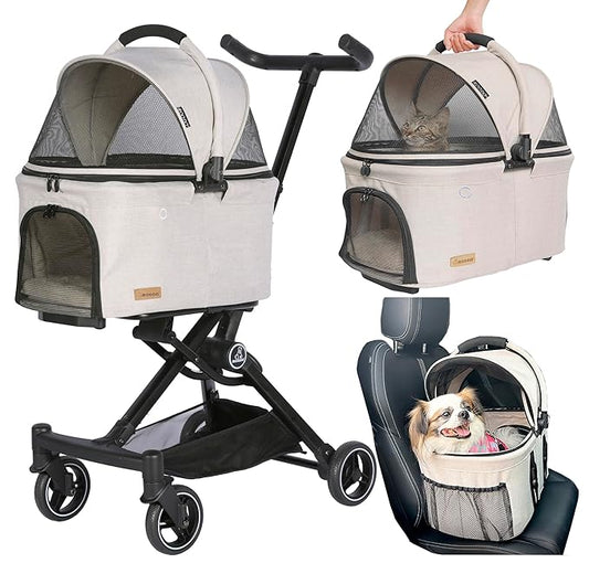 ROODO 2026 Upgraded Version 3 in 1 Dog Cat Stroller with Detachable Carrier Lightweight Folding Portable All Terrain Pet Travel System Puppy Kitty Doggie Bunny Stroller for 30lbs(Light Khaki)