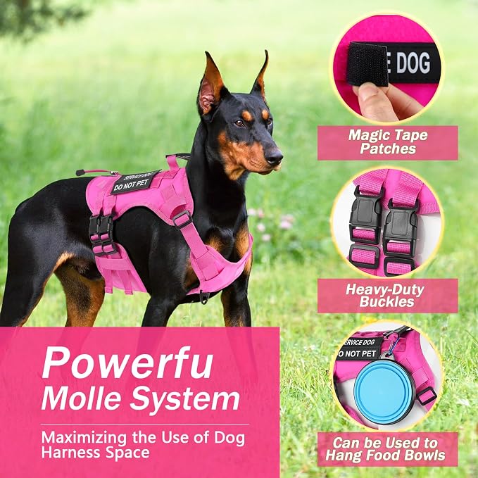 No Pull Tactical Dog Harness for Large Dogs, Service Dog Vest, XL, Pink | Tactical Dog Vest Harness and Leash Set, Adjustable Military Service Dog Harness with Handle for Medium Large Dogs