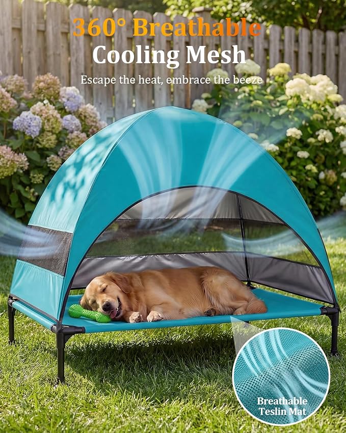 Elevated Dog Bed with Canopy - 3-Sided UV Protection Pet Tent with Wider Shade, Raised Cooling Outdoor Dog Cot with Breathable Mesh for Medium Large Dogs, Portable Pet Bed for Camping, Patio (Aqua, L)