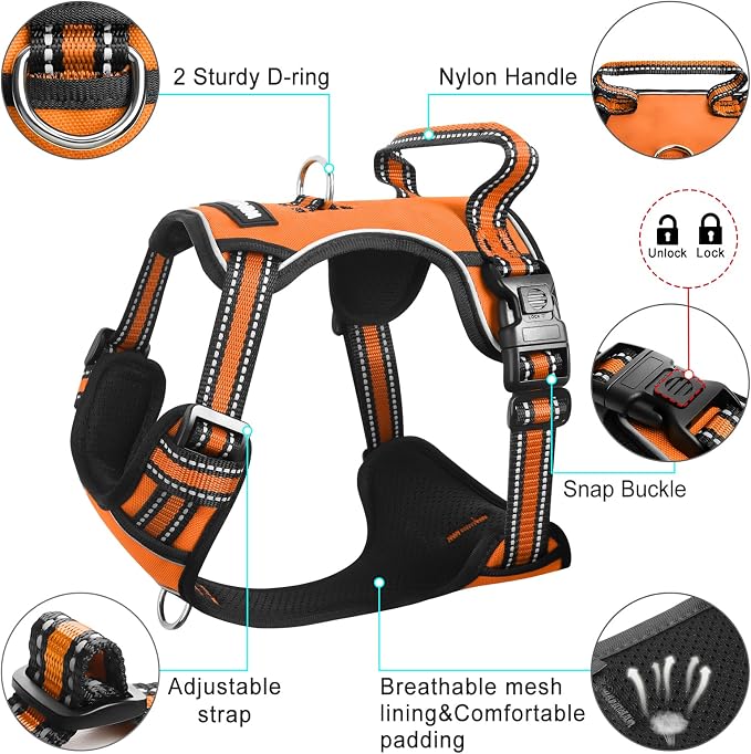 Dog Harness No Pull, Pet Harnesses with Dog Collar, Adjustable Reflective Oxford Outdoor Vest, Front/Back Leash Clips for Small, Medium, Large, Extra Large Dogs, Easy Control Handle for Walking