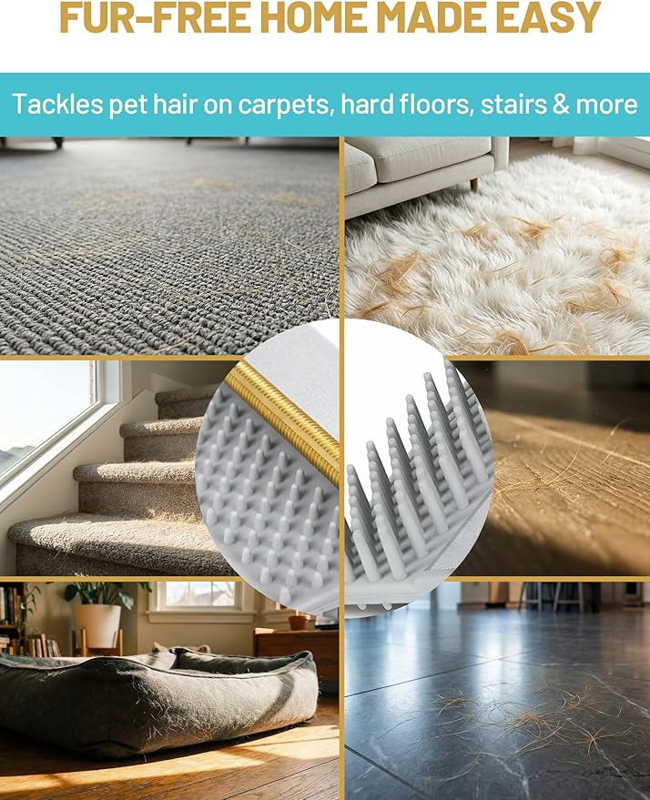 DELOMO Carpet Rake for Pet Hair Removal, Dual-Sided Rug Rake Scraper Broom | 54” Long Handle for No-Bend Cleaning, Metal + Short Silicone for Carpets & Rugs, Extended Silicone for Shag Rugs & Hard Floor