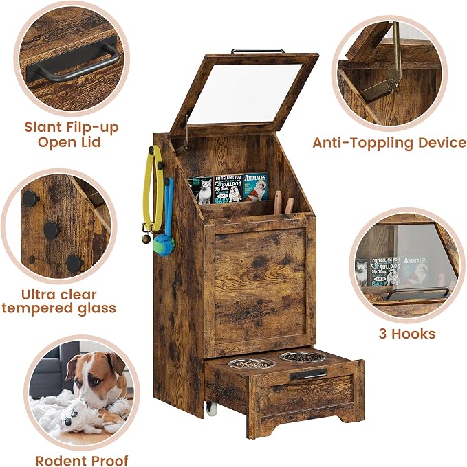 Garvee Dog Feeding Station with 2 Elevated Bowls, Brown | Wooden Dog Food Storage Cabinet, Flip Top Pet Feeding Station, Food Storage Container, Pet Toy Organizer