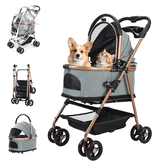 Pet Stroller with Removable Carrier | Lightweight Cat and Dog Stroller with One-Touch Folding|Aluminum Alloy Frame|900D Oxford Fabric and Rain Cover for Travel